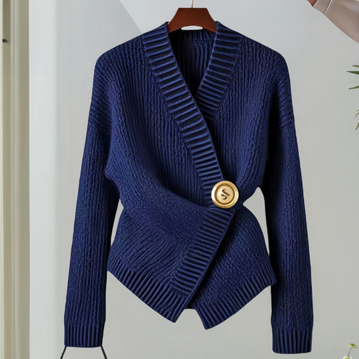 Gebreid damesvest met gouden knoopkruis, geraffineerde stijl - Ysaline