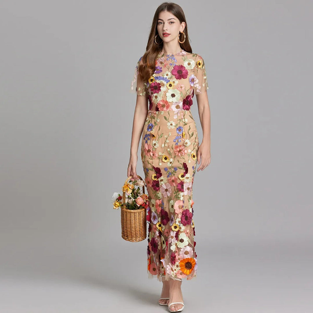 Geborduurde lange jurk met bloemen - Fiorella