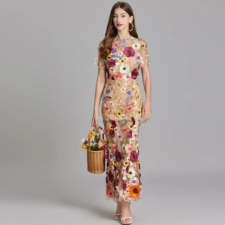 Geborduurde lange jurk met bloemen - Fiorella