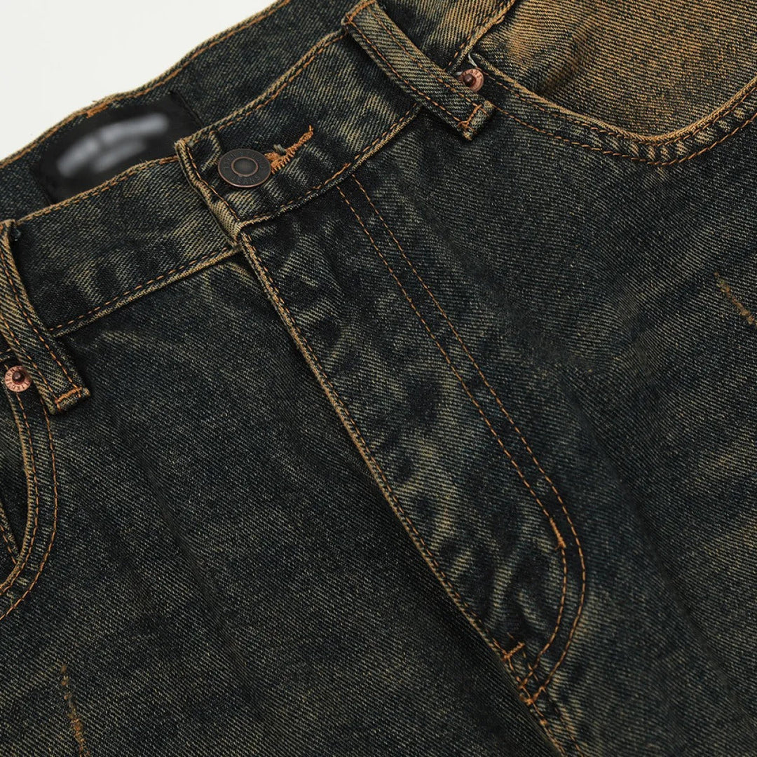 Herenjeans van gewassen denim met versleten effect en recht model - Lennart