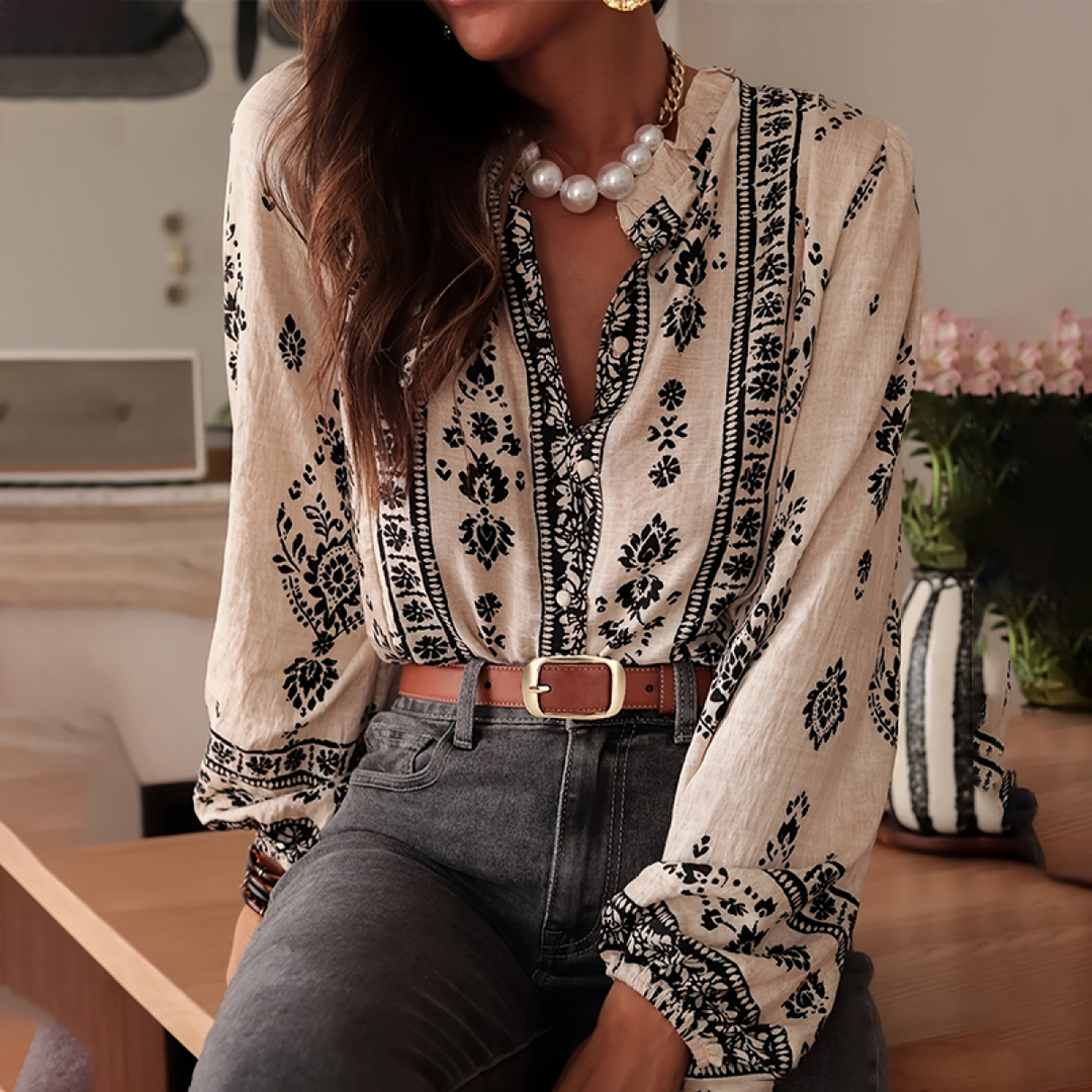 Katoenen damesblouse geborduurd in bohemienstijl - Solène