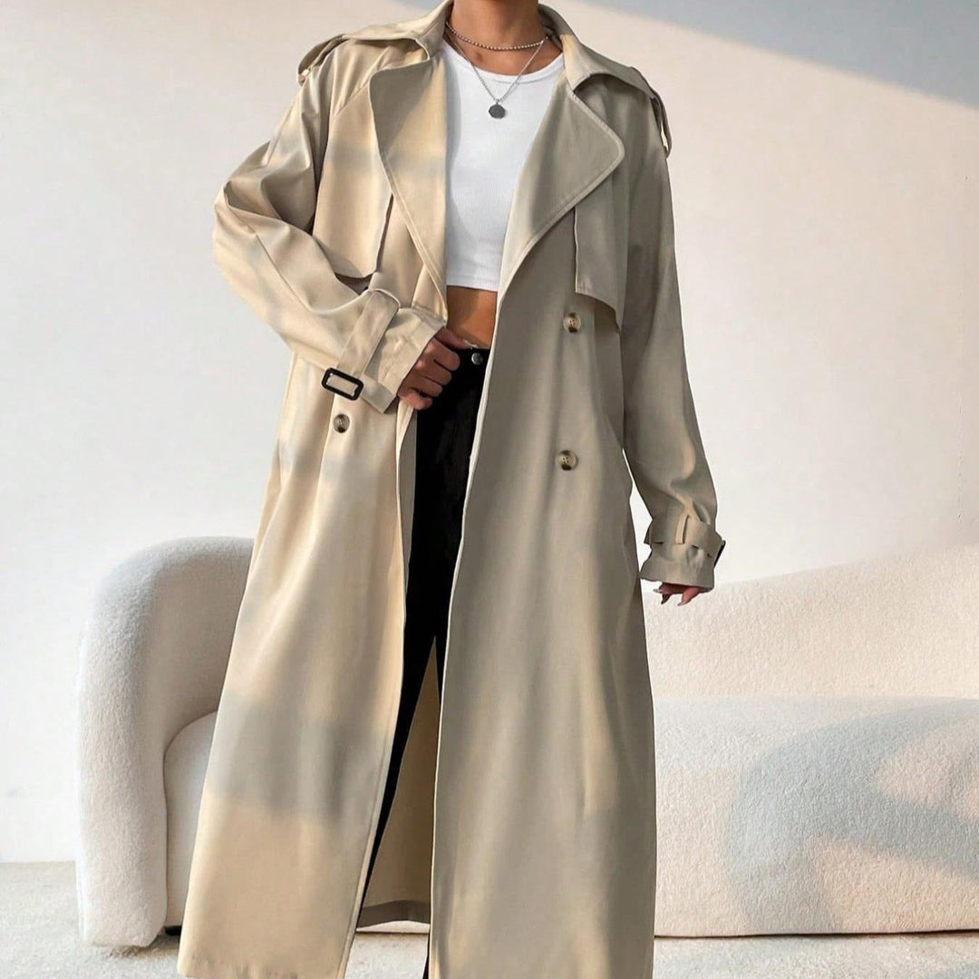 Lange trenchcoat voor dames met revers met dubbele borst en verstelbare riem - Maelis