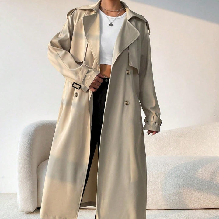 Lange trenchcoat voor dames met revers met dubbele borst en verstelbare riem - Maelis