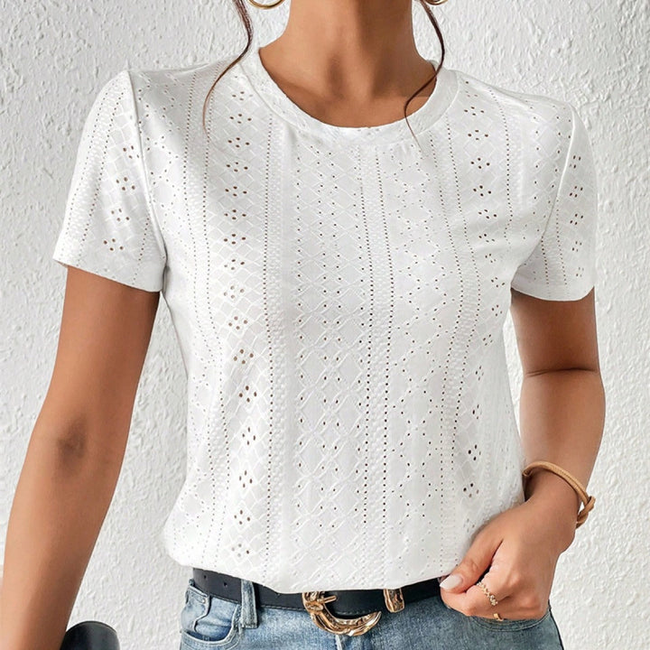 Geborduurd katoenen dames-T-shirt met korte mouwen en ronde hals - Livia