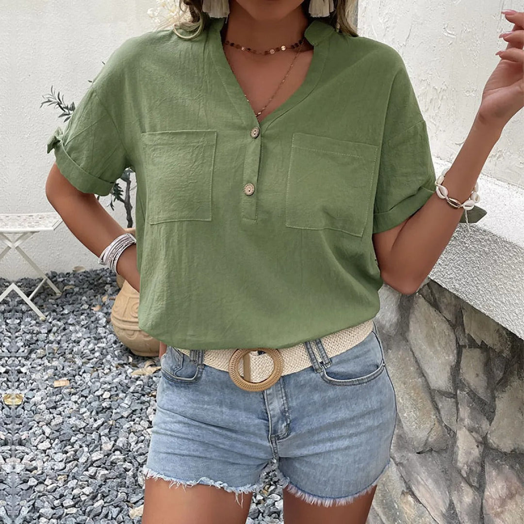 Vrouwen casual linnen blouse V-hals korte mouw - Teresa