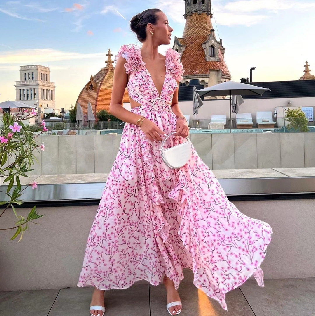 Asymmetrische damesjurk in gebloemd chiffon met diepe halsuitsnijding - Mélodie