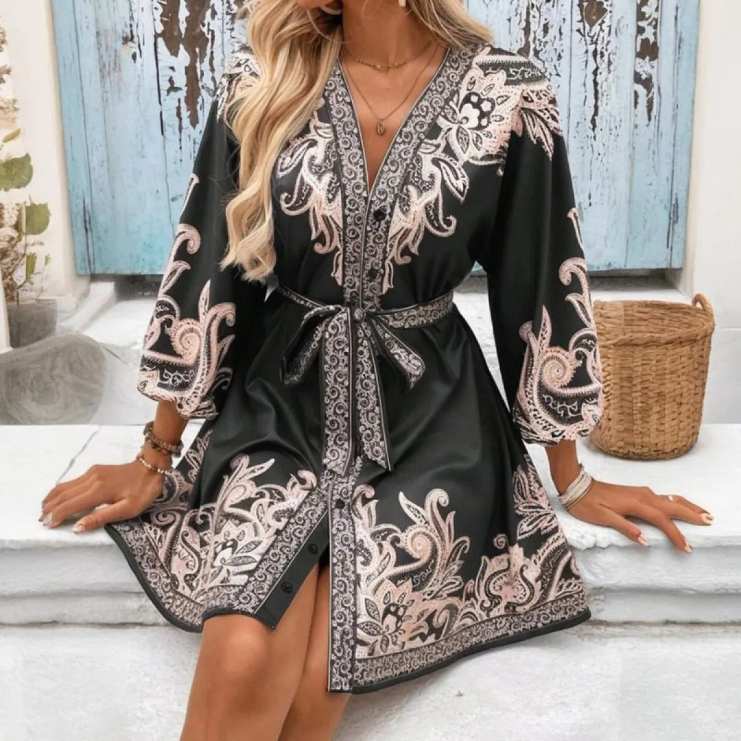 Korte satijnen damesjurk met bohemian print in tuniekstijl - Nadine