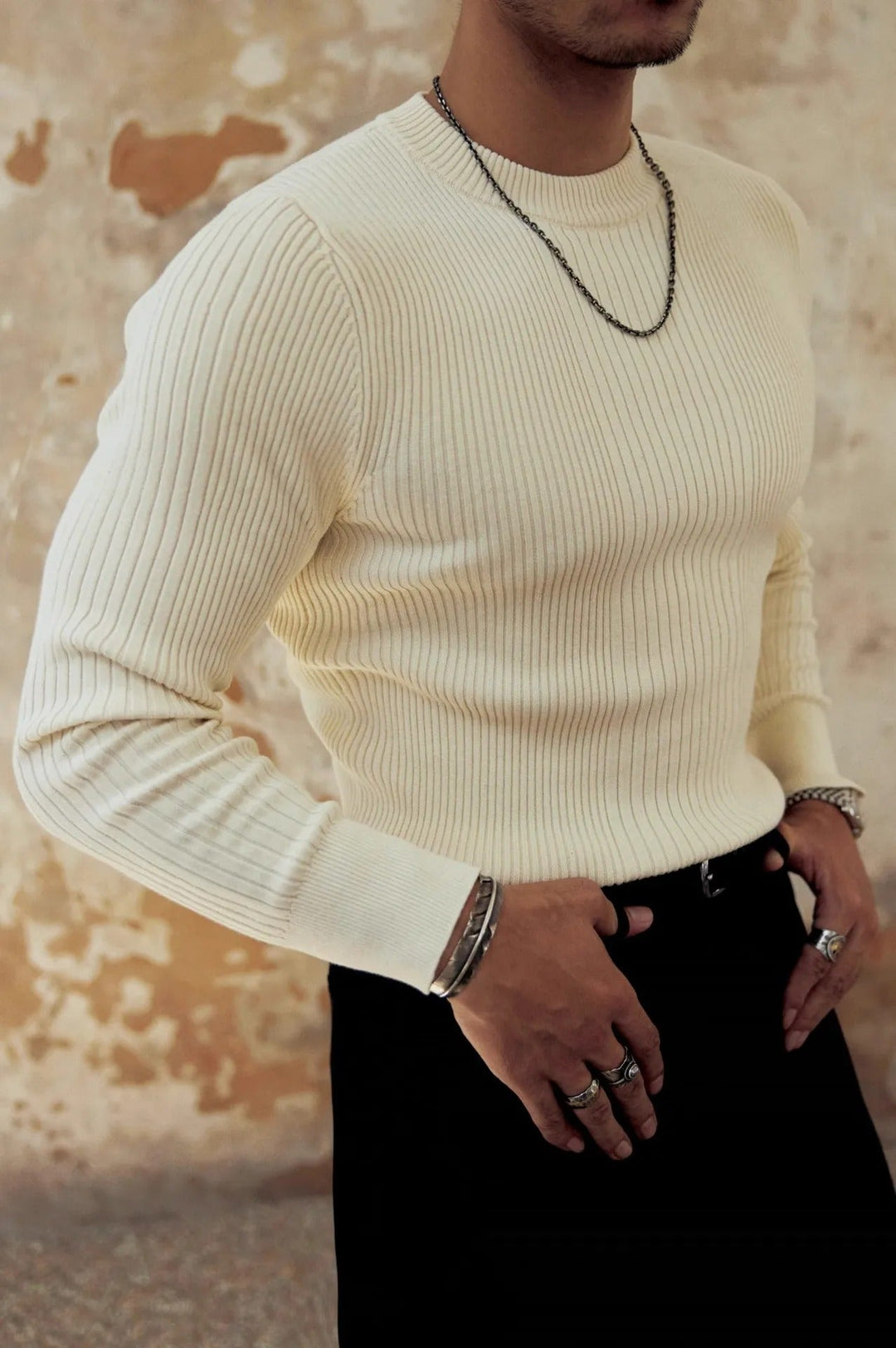 Geribde herentrui slim fit ronde hals - Alvaro