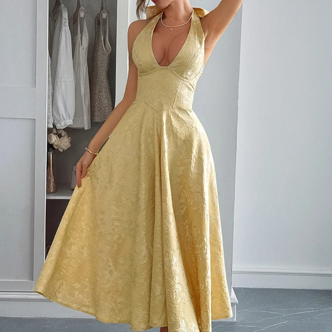 Midi-jurk voor dames jacquard elegant halternek - Mireille