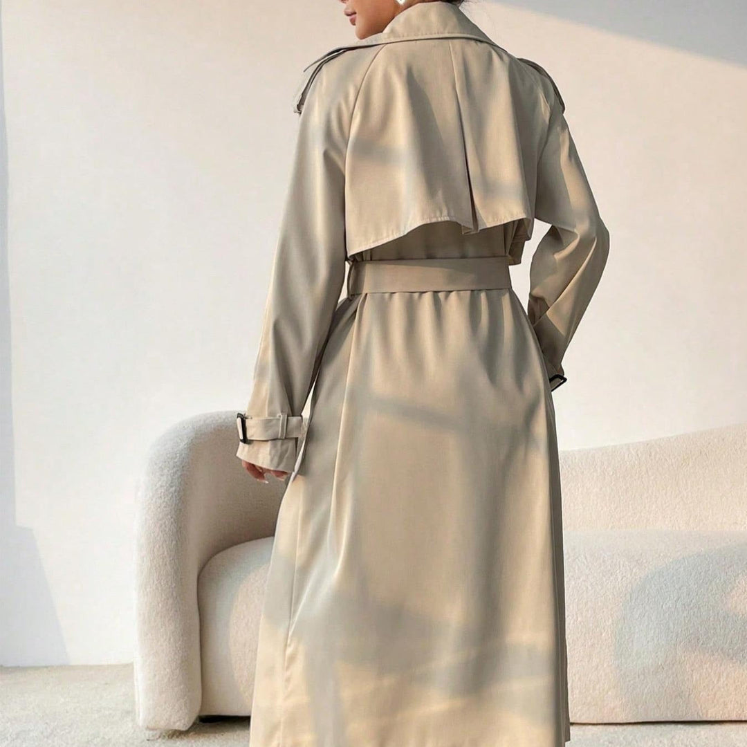 Lange trenchcoat voor dames met revers met dubbele borst en verstelbare riem - Maelis