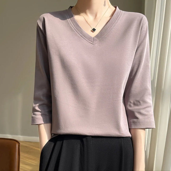 Dames-T-shirt met V-hals, Franse mouw, zacht katoen - Élodie