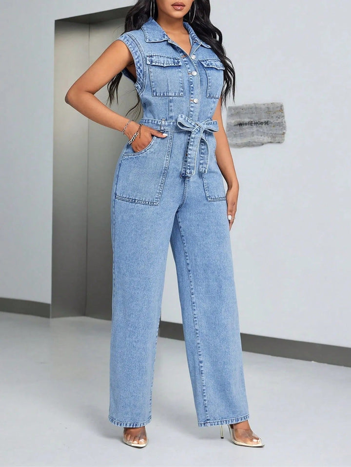 Lange mouwloze denim jumpsuit met riem - Pilar