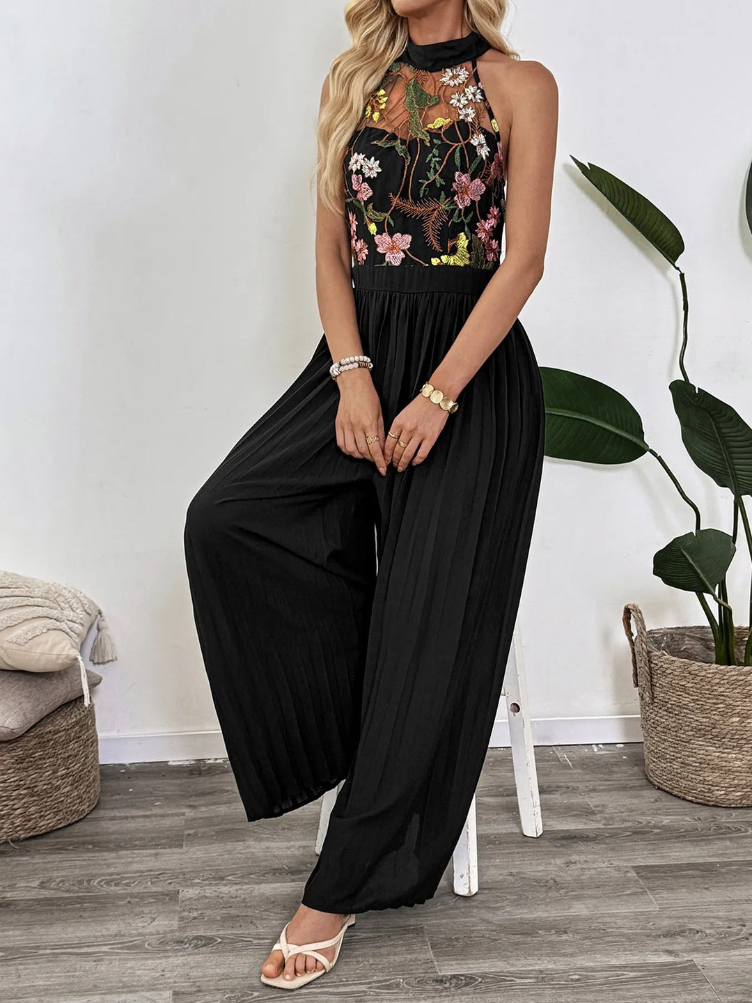 Damesjumpsuit met geborduurd kanten palazzo - Irma