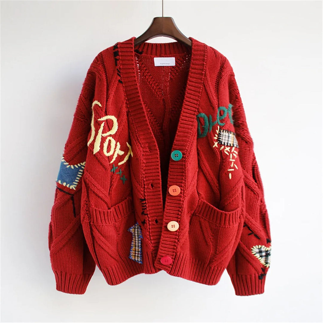 Geborduurd damesvest met oversized grof gebreid motief - Roxane