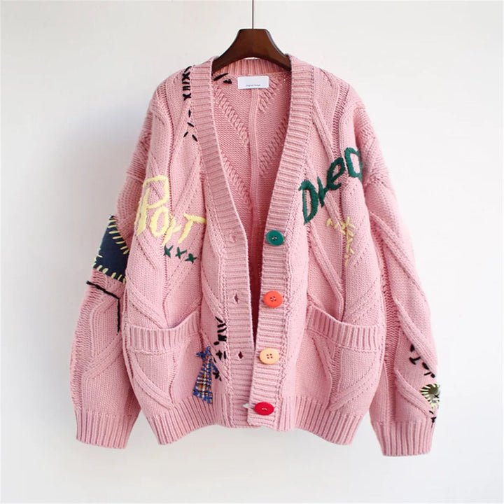 Geborduurd damesvest met oversized grof gebreid motief - Roxane