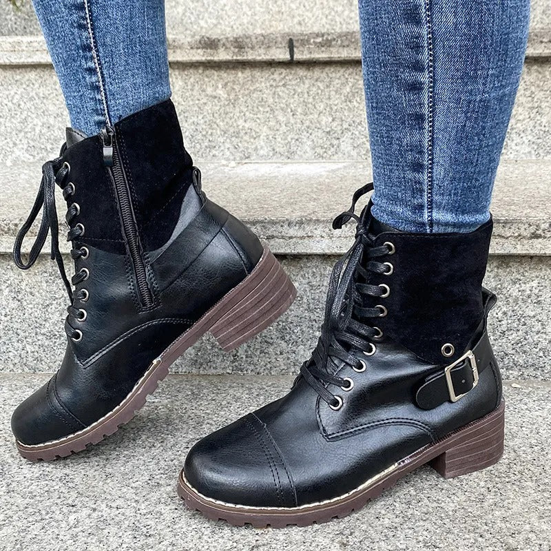 Dames veterlaarzen synthetisch leer mid-cut stoere stijl - Thalia