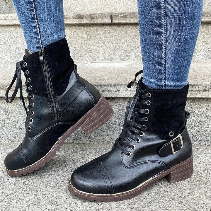Dames veterlaarzen synthetisch leer mid-cut stoere stijl - Thalia