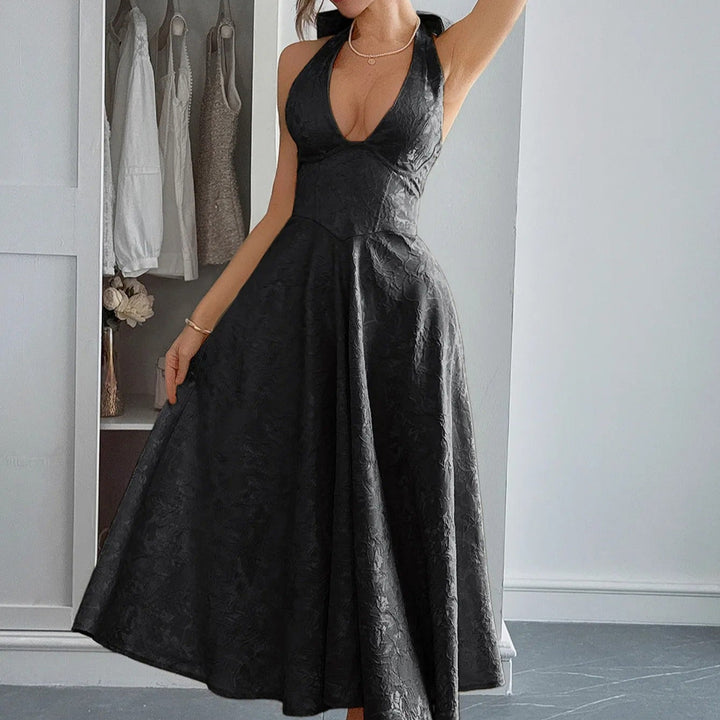 Midi-jurk voor dames jacquard elegant halternek - Mireille