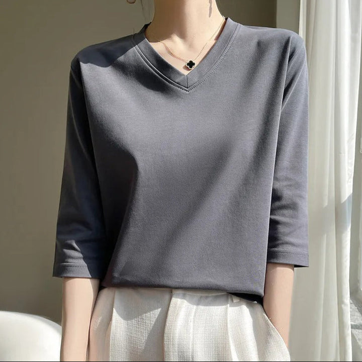 Dames-T-shirt met V-hals, Franse mouw, zacht katoen - Élodie