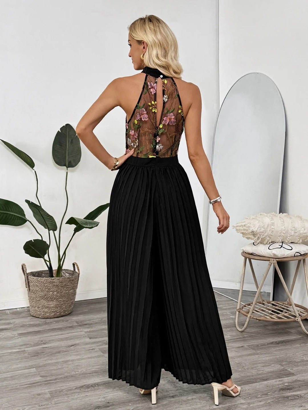 Damesjumpsuit met geborduurd kanten palazzo - Irma