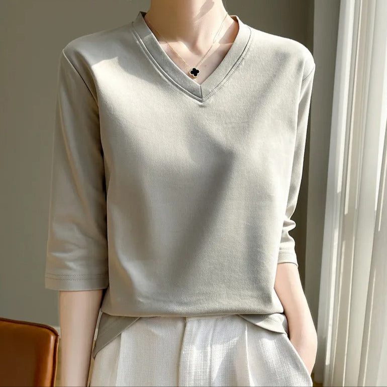 Dames-T-shirt met V-hals, Franse mouw, zacht katoen - Élodie