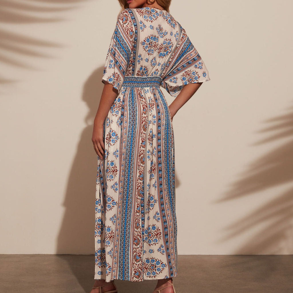 Bohemien damesjurk met kimonomouw V-hals - Yara
