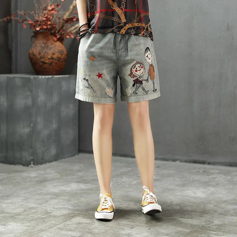 Denim short met geïllustreerd borduursel en elastische tailleband - Elaine