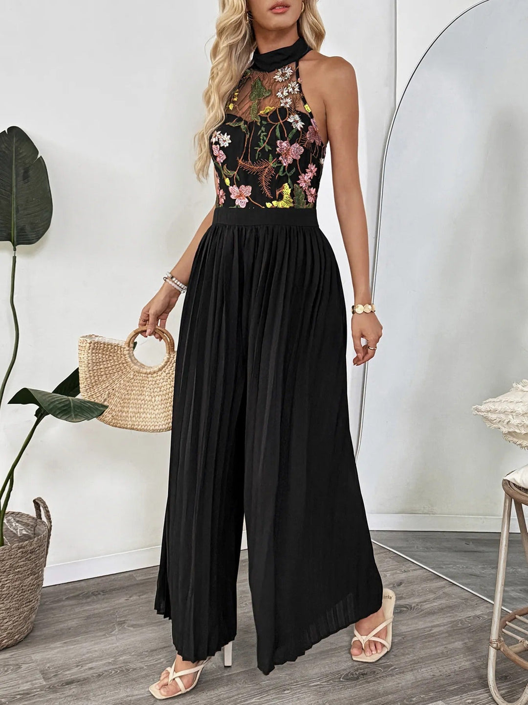 Damesjumpsuit met geborduurd kanten palazzo - Irma