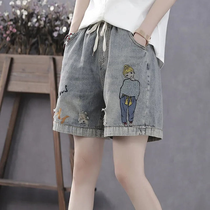 Denim short met geïllustreerd borduursel en elastische tailleband - Elaine