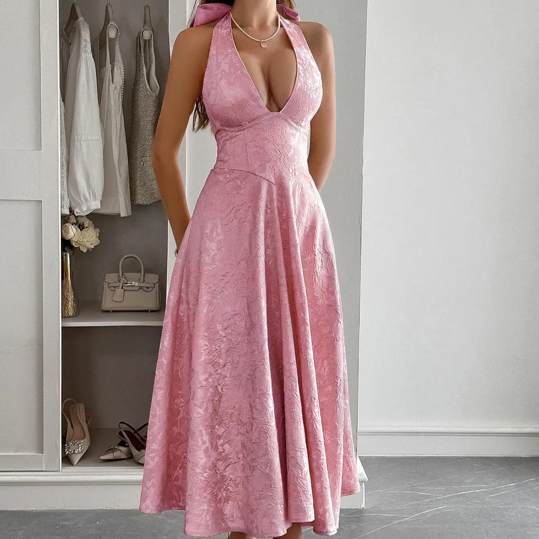 Midi-jurk voor dames jacquard elegant halternek - Mireille