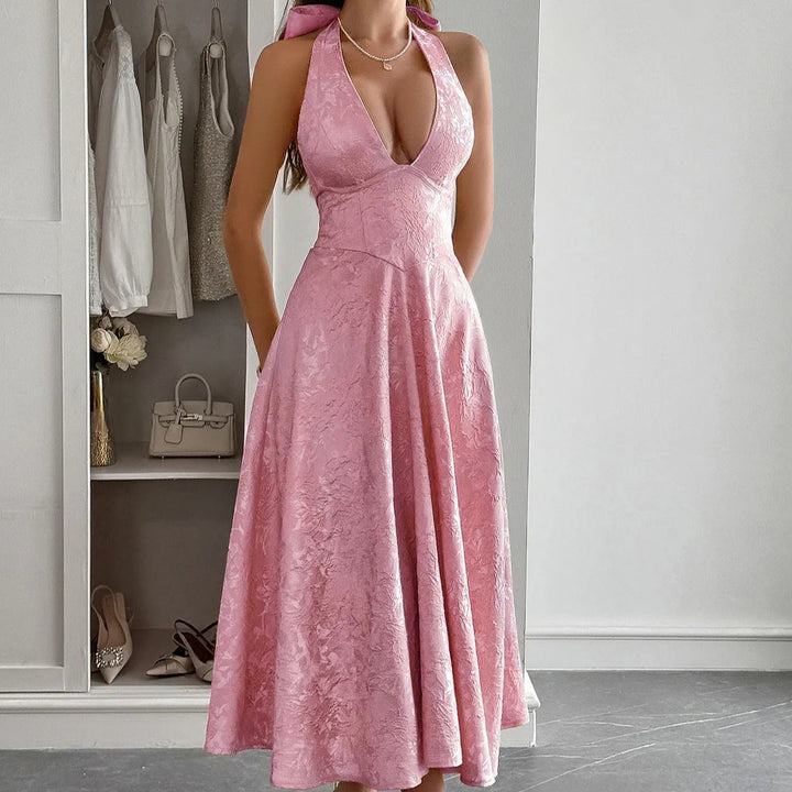 Midi-jurk voor dames jacquard elegant halternek - Mireille