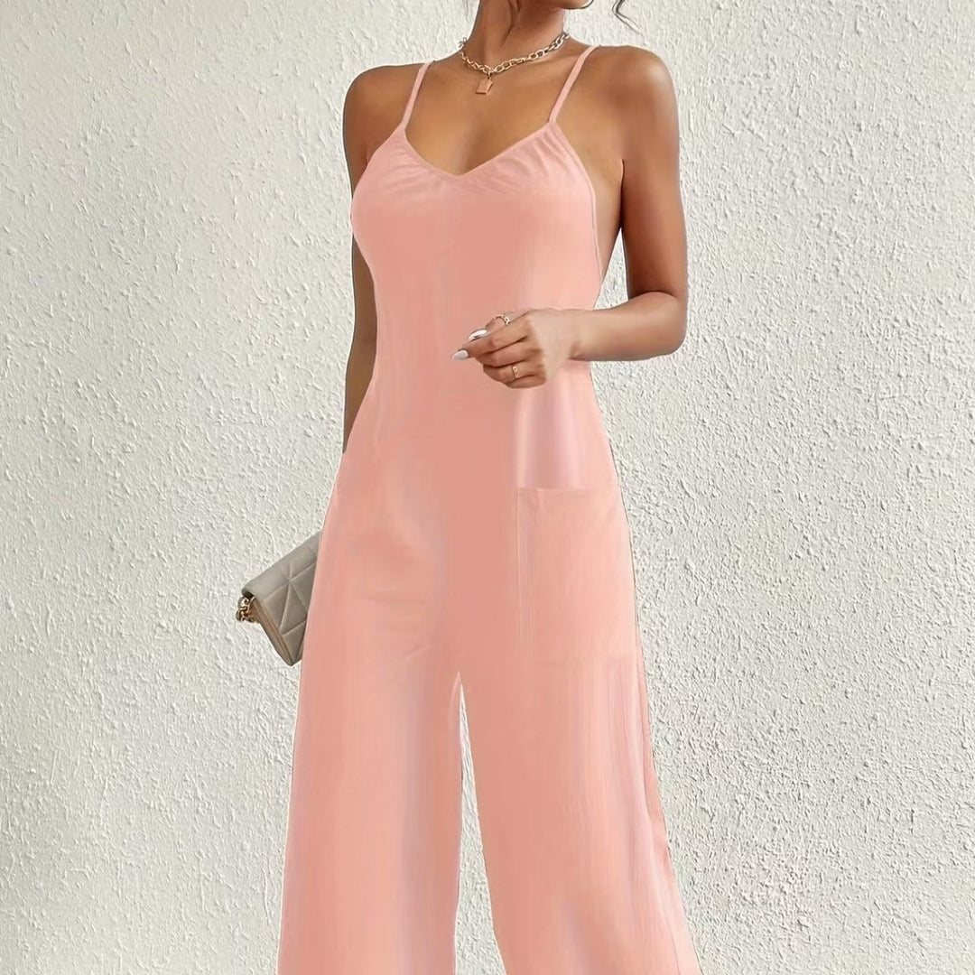 Lange jumpsuit voor dames met dunne bandjes, vloeiende stijl, gedrapeerde halslijn - Clare