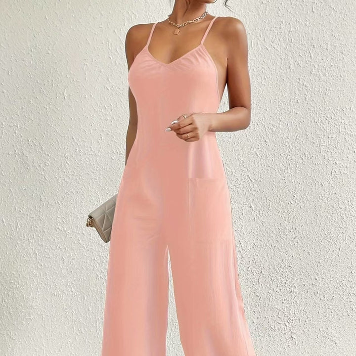 Lange jumpsuit voor dames met dunne bandjes, vloeiende stijl, gedrapeerde halslijn - Clare