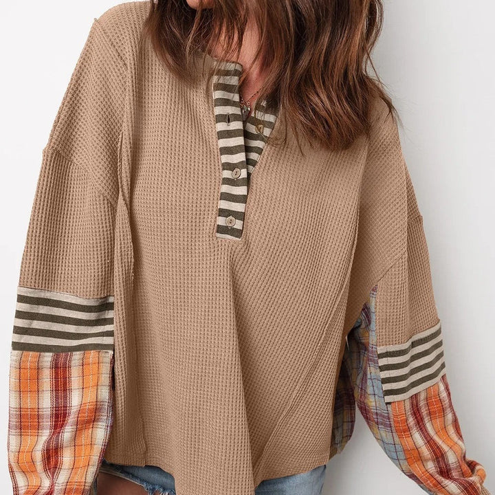 Damessweatshirt in patchworkstijl met gestreepte en geruite mouwen - Leona