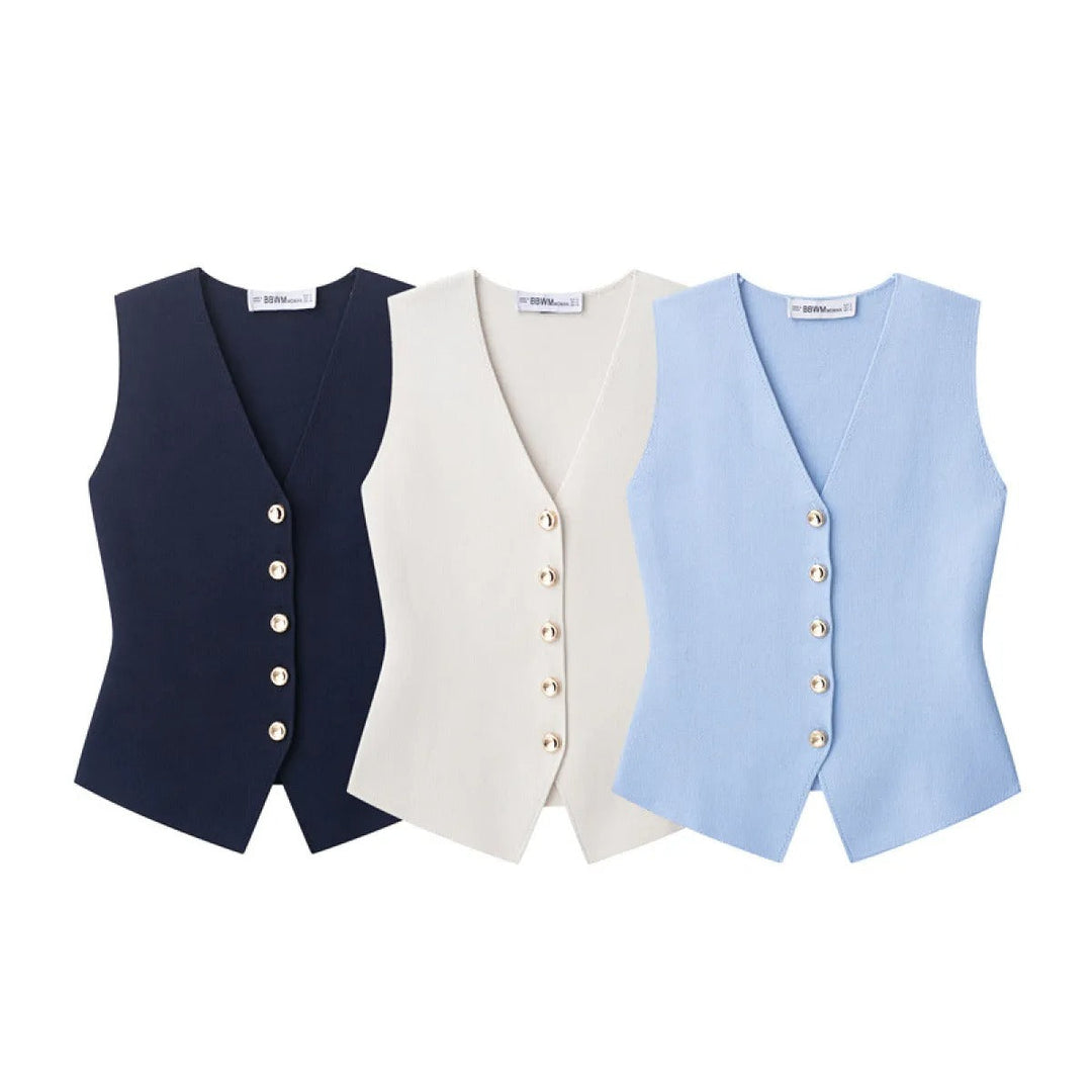 Damesgilet zonder mouwen met gouden knopen, getailleerd model - Saray