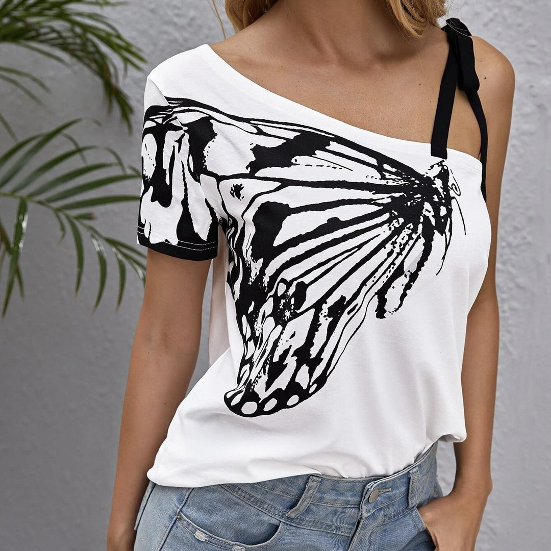 Damesblouse in katoenen vlinderprint met asymmetrische bandjes - Nerea