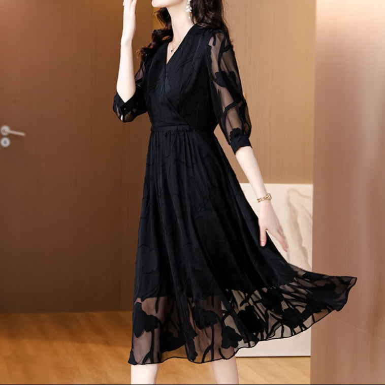 Dames midi-jurk gebloemd chiffon met mouwen - Annelise