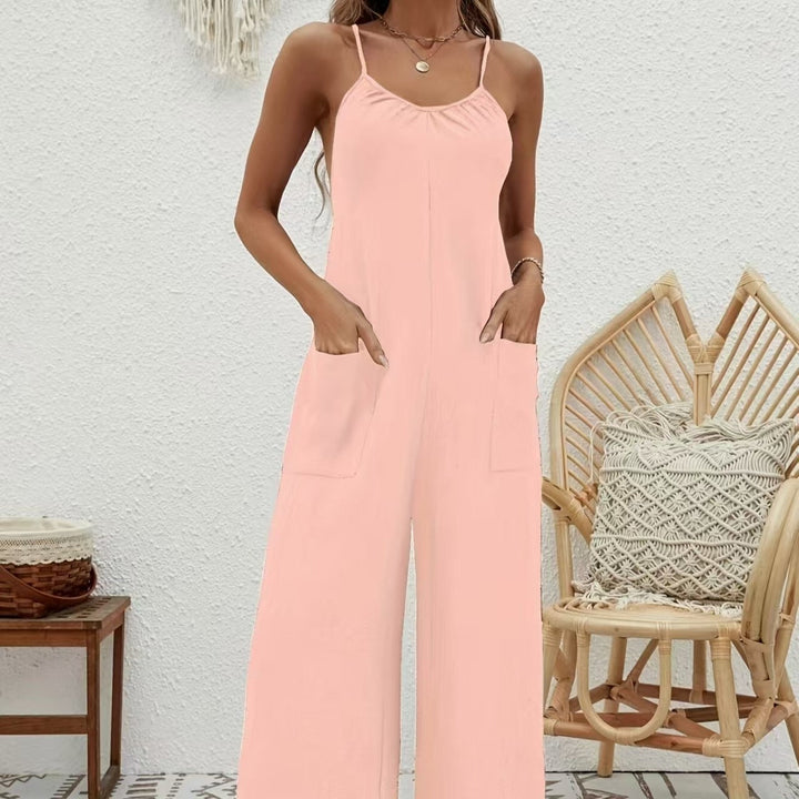 Lange jumpsuit voor dames met dunne bandjes, vloeiende stijl, gedrapeerde halslijn - Clare