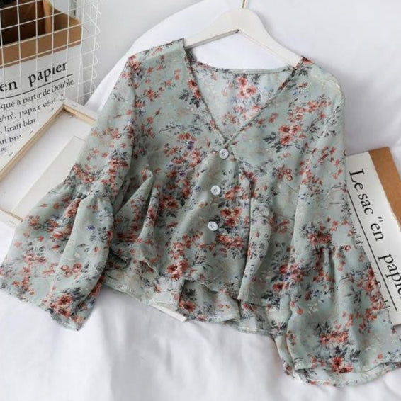 Gebloemde damesblouse van chiffon met ruches - Isadora