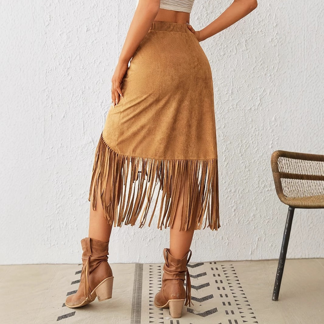 Dames midirok van suède met bohemienachtige franjes - Samira
