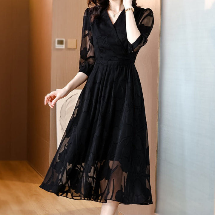 Dames midi-jurk gebloemd chiffon met mouwen - Annelise