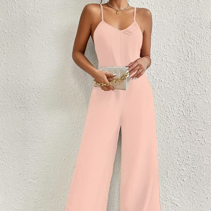 Lange jumpsuit voor dames met dunne bandjes, vloeiende stijl, gedrapeerde halslijn - Clare