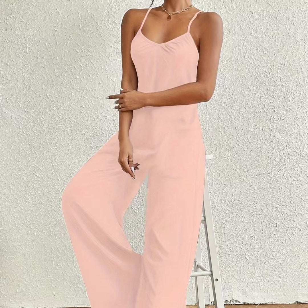 Lange jumpsuit voor dames met dunne bandjes, vloeiende stijl, gedrapeerde halslijn - Clare