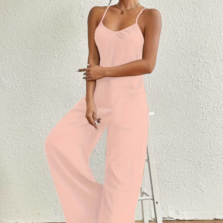 Lange jumpsuit voor dames met dunne bandjes, vloeiende stijl, gedrapeerde halslijn - Clare