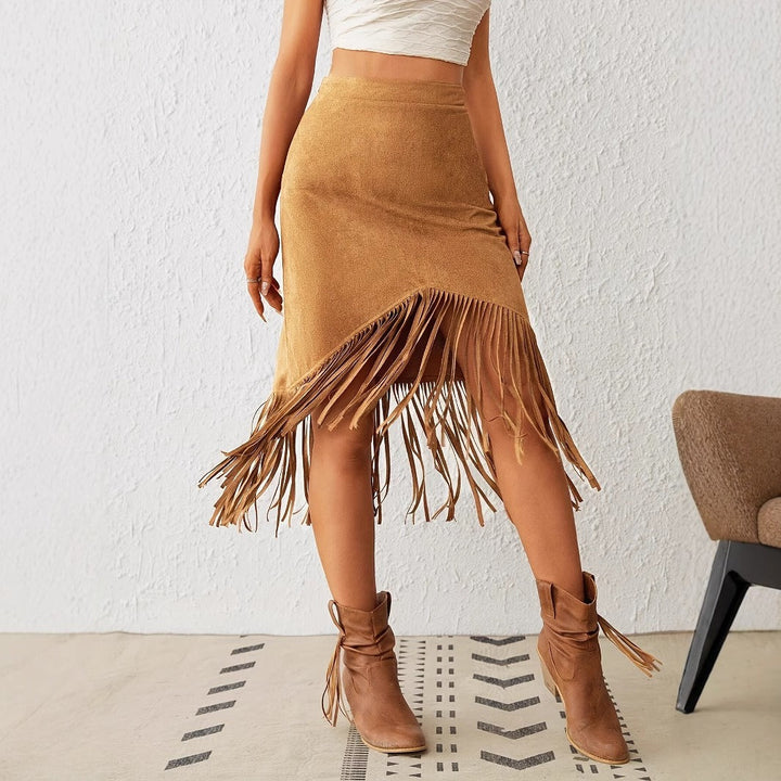Dames midirok van suède met bohemienachtige franjes - Samira