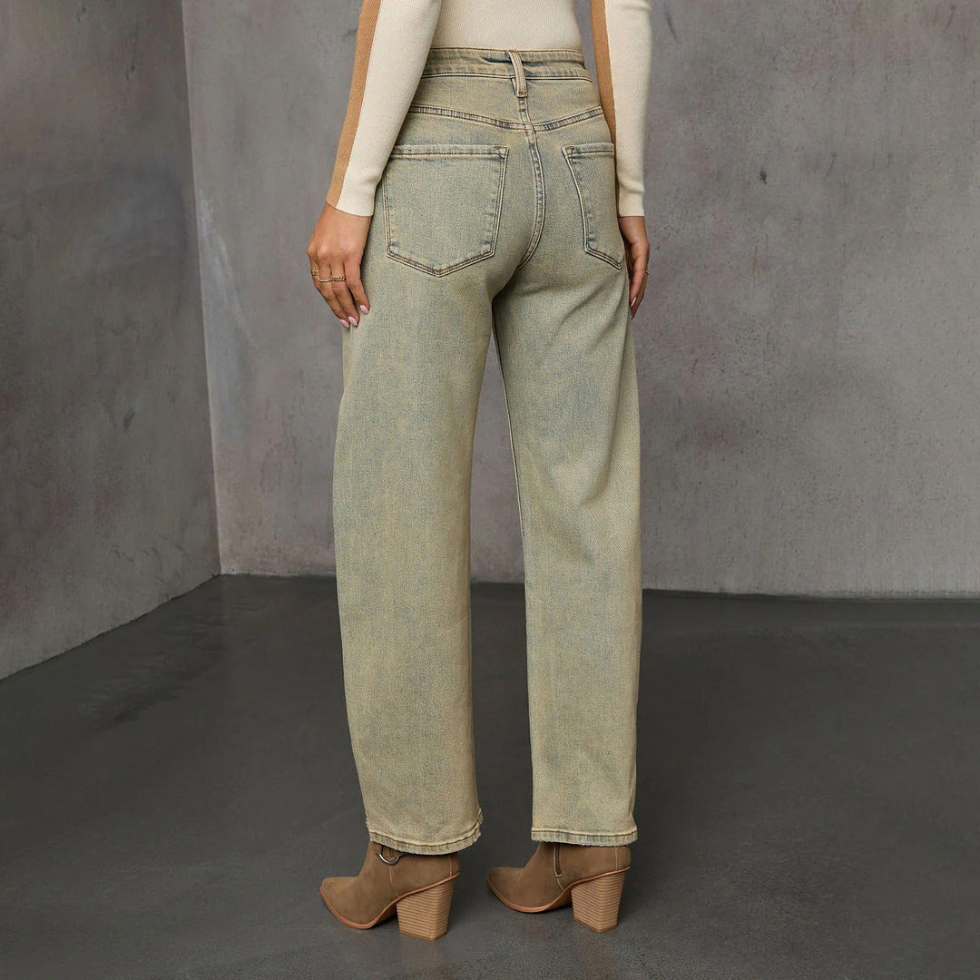 Damesjeans van gewassen denim met rechte snit en hoge taille - Amira