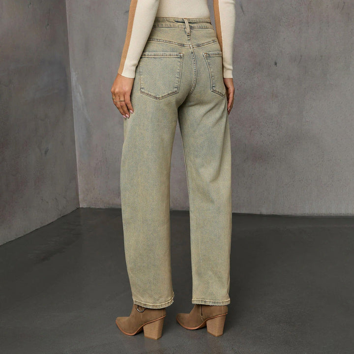 Damesjeans van gewassen denim met rechte snit en hoge taille - Amira