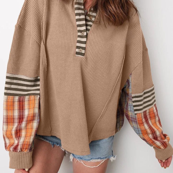 Damessweatshirt in patchworkstijl met gestreepte en geruite mouwen - Leona