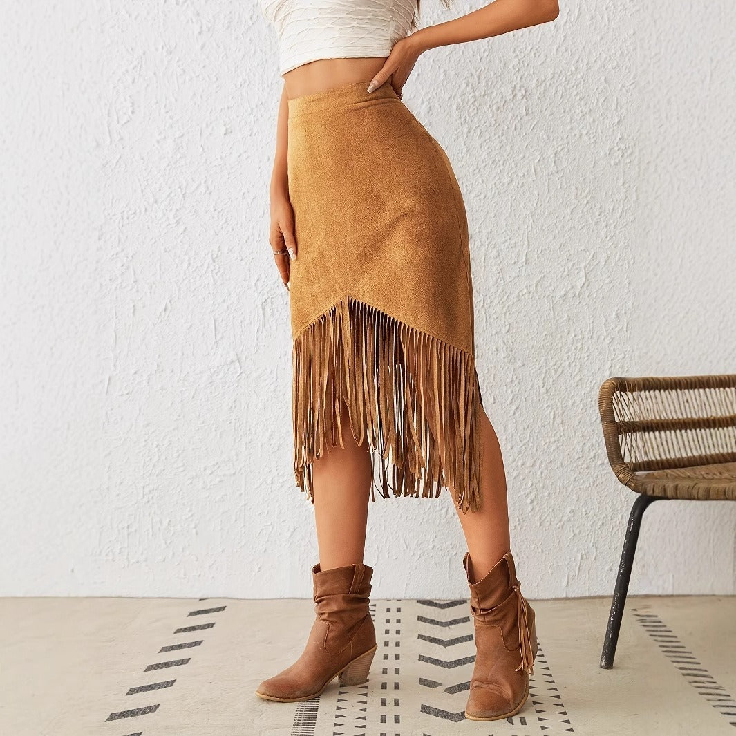 Dames midirok van suède met bohemienachtige franjes - Samira