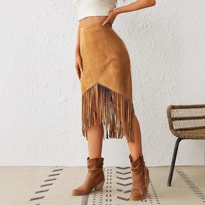 Dames midirok van suède met bohemienachtige franjes - Samira